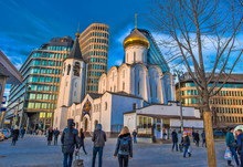 Church Of St. Nicholas Near The Belarusian Station And Modern Office Buildings In Moscow. Russia