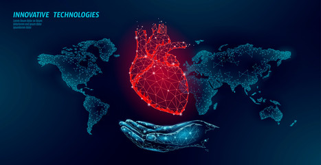 low poly heart health day. global world map cardiac awareness medicine banner anatomical health bloo