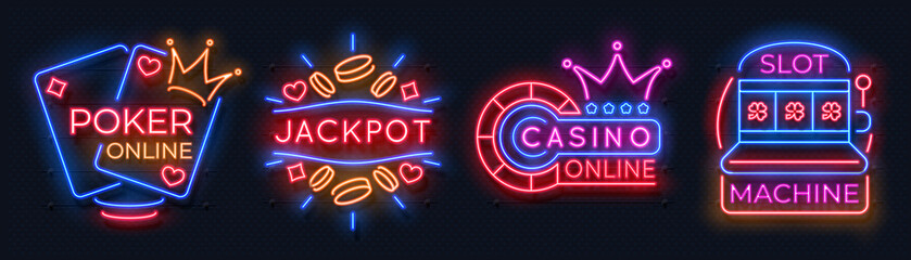 Poster - Neon casino banners. Slot machine playing cards lucky roulette gambling signs, online poker game bet. Vector modern neon casino logo set