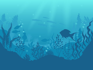underwater silhouette background. undersea coral reef, ocean fish and marine algae cartoon scene, su