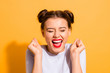 © deagreez - Close-up portrait of her she nice attractive fascinating lovely cheerful cheery crazy glam girl holding fists hope luck great success isolated over bright vivid shine yellow background