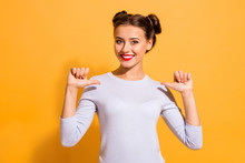 Portrait Of Her She Nice-looking Attractive Lovely Lovable Winsome Glamorous Cheerful Cheery Girl Pointing At Herself Ego Charisma Isolated On Bright Vivid Shine Yellow Background