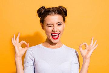 Wall Mural - Close-up portrait of her she nice attractive winsome sweet lovely cheerful cheery optimistic girl showing double two ok-sign great isolated over bright vivid shine yellow background