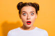 © deagreez - Close-up portrait of her she nice adorable stunning attractive lovely winsome amazed teen girl opened mouth isolated over bright vivid shine yellow background