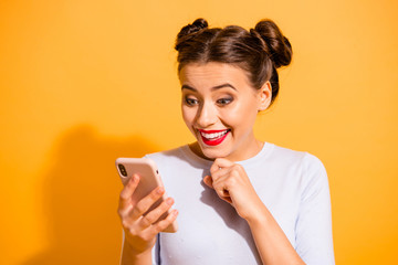 Canvas Print - Close up photo of social media marketing worker getting emails with unbelievable news touching chin with palm over bright background dressed in white outfit 