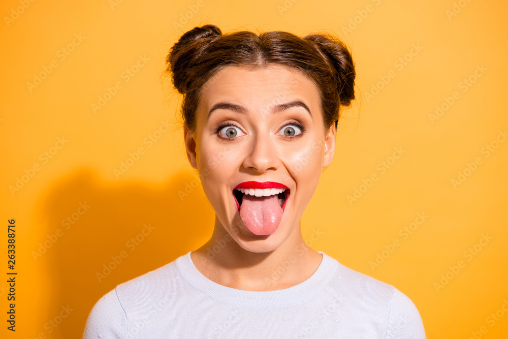 Close up photo of cute attractive lady joking having fun with friends on stroll summer spring wearing light cotton comfortable clothing isolated on bright background - obrazy, fototapety, plakaty 