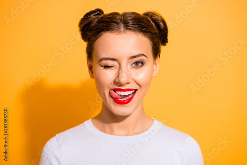 Fotografía Close up photo of charming flirty adorable lady on holiday licking her lips poma
