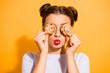 © deagreez - Close up photo of dreamy charming little lady cooking pastry sugar dishes fooling around in the kitchen following diet wearing light woolen pullover isolated on bright background