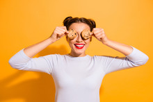 Portrait Of Cute Charming Attractive Lady Fooling Around Closing Hiding Her Eyes With Biscuits Try To Lose Weight Dressed In White Cotton Outfit Isolated Over Vibrant Background