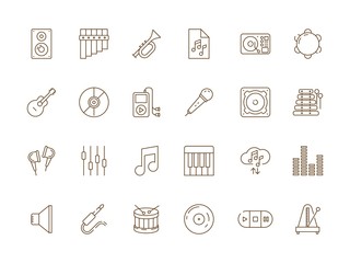 Poster - Music icon. Musical audio dj studio equipment guitar piano microphone vector thin line pictures. Illustration of studio device, piano and microphone, guitar and equipment