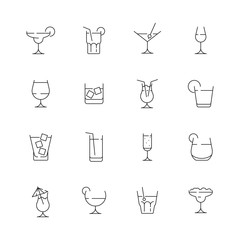 Poster - Glass for drink icons. Cocktail and alcoholic drink for party liquid martini with ice bar pictogram vector collection. Illustration of alcohol drink, martini beverage and whiskey