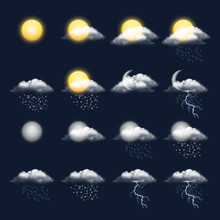 Meteo Realistic Icon. Clouds Sun Rain Wind Snow Vector Weather Symbols. Illustration Of Meteo Forecast, Meteorology Interface