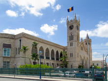 The Old Historic Building Is A Fortress With A Tower And Clock. The Parliament Building Of Barbados. Little Big Ben. The Capital Of Barbados Is Bridgetown, Caribbean.