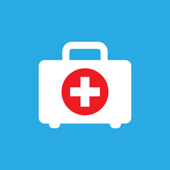 Wall Mural - first aid kit icon in flat style. health, help and medical diagnostics vector illustration on blue i