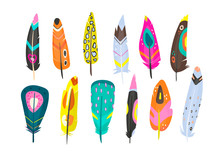 Various Bright Abstract Feathers. Different Shapes. Hand Drawn Vector Set. Colorful Trendy Illustration. All Elements Are Isolated