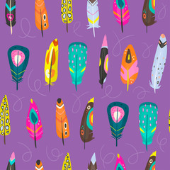 Aufkleber - Various bright abstract feathers. Different shapes. Hand drawn vector seamless pattern. Colorful trendy illustration. Purple background