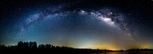 Panorama Milky Way At The Lake In Night Time