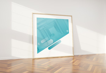 Wooden frame leaning in bright white interior with wooden floor mockup 3D rendering