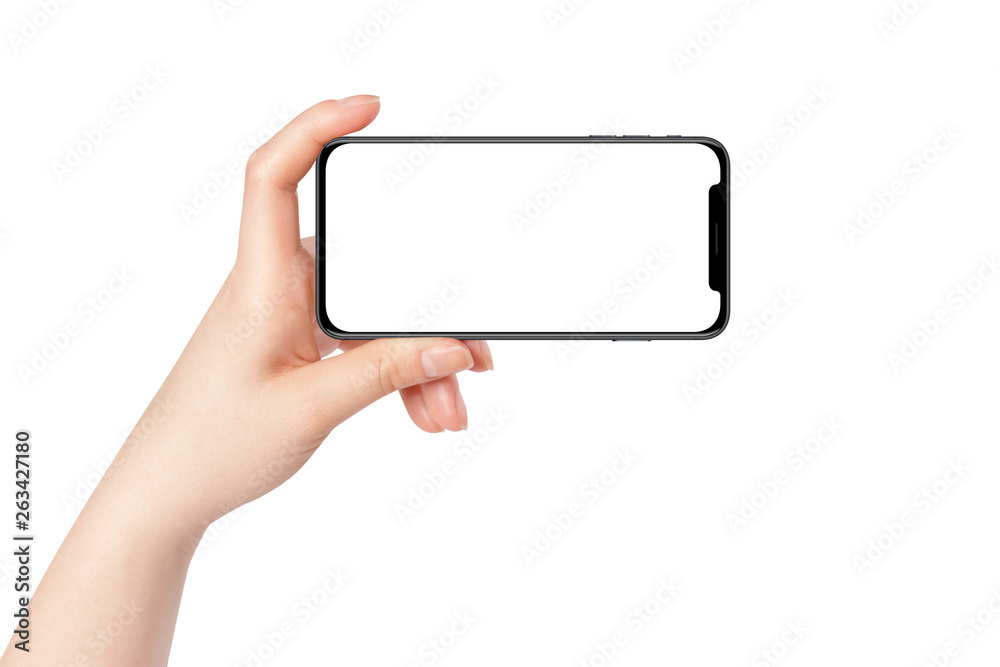 Female hand hold modern smartphone in horizontal position, isolated on white background. Mockup for presentation - obrazy, fototapety, plakaty 