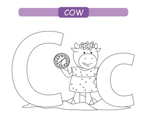 Letter C and funny cartoon cow. Animals alphabet a-z. Cute zoo alphabet in vector for kids learning English vocabulary. Coloring page.