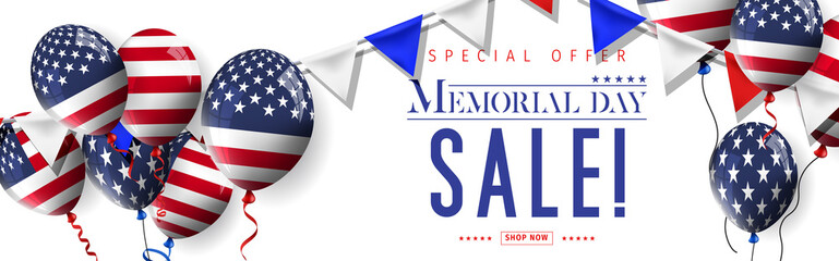 Banner for Memorial day sale design. Memorial day sign on a dark blue background with 3d percent symbol. Vector illustration for business promotion.