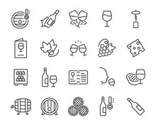 Set Of Wine Icon, Such As Grape, Cheese, Barrel, Bottle, Glass