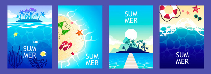 Set of summer banners. Sea and beach. Vector illustration. Tourism and holidays. Tropical landscape. Banner template for cards, flyers, posters.