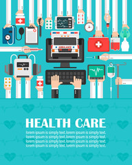 Medical computer online set with ambulance flat design. lorem ipsum is simply text.Vector illustration