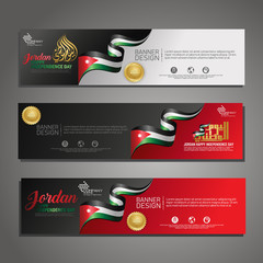 Set banner design template Happy Independence Day Jordan modern background with calligraphy arabic and silhouette city of Jordan