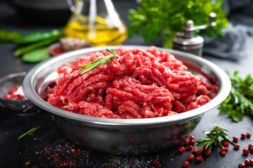 Poster - Mince. Ground meat with ingredients for cooking