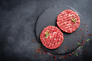 Poster - Fresh raw minced beef steak burgers with spices