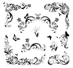 Sticker - Retro flourishes design set for page decoration. Black and white