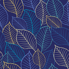 Wall Mural - Seamless vector floral pattern with abstract outline tree leaves in blue, white, yellow colors. Colorful endless background in retro style