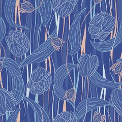 Wall Mural - Seamless vector floral pattern with outline tulip flowers and leaves in white, pink, blue colors on wave background. Colorful endless print in vintage style