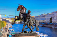 Horse Tamers Sculpture By Peter Klodt On Anichkov Bridge Built In 1841 In Saint Petersburg, Russia