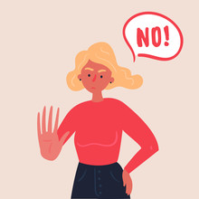 Blond Woman Expressing Denial NO With Her Hand