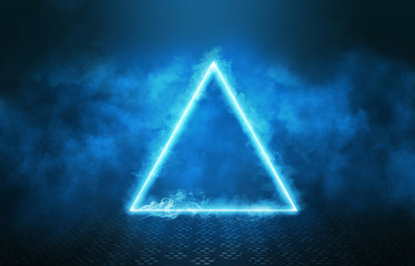 Empty background scene. Rays of neon light in the dark, neon figure of a triangle, smoke. Night view of the street, the city. Abstract dark background.