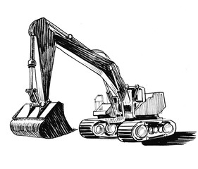 Ink black and white drawing of an excavator