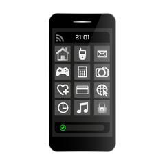 Fototapete - Black smartphone mobile phone front view with menu on screen and clock. Smartphone with menu, vector icon.