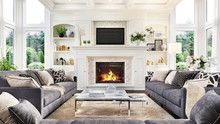 Luxurious Interior Design Living Room And Fireplace In A Beautiful House
