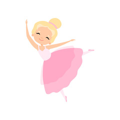 Canvas Print - Adorable Little Ballerina Dancing, Blonde Girl Ballet Dancer Character in Pink Tutu Dress Vector Illustration