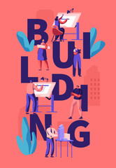 Wall Mural - Architects and Engineers Working on Projects, Painting on Blueprints, Presenting Model of House. Building and Engineering Concept Poster, Banner, Flyer, Brochure. Cartoon Flat Vector Illustration