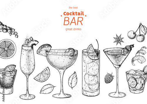 Fotomural Alcoholic cocktails hand drawn vector illustration