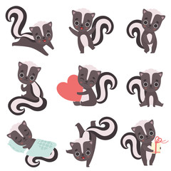 Wall Mural - Cute Little Skunks Set, Adorable Baby Animals Cartoon Characters Vector Illustration