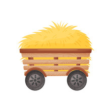 Wooden Four-wheel Cart With Hay. Vector Illustration