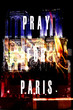 Digital concept to commemorate the disaster of notre dame of paris, the notre dame church at night with a french fkag in foreground gradient technique and flame, the text pray for paris in foreground.