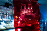 Fototapeta Przestrzenne - Digital concept to commemorate the disaster of notre dame of paris, the notre dame church at night with a french fkag in foreground gradient technique and flame.