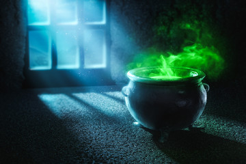 3D illustration of a witches cauldron with green potion