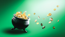 3D Illustration Of A Cauldron Filled With Golden Coins