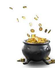 Wall Mural - 3D illustration of a cauldron filled with golden coins